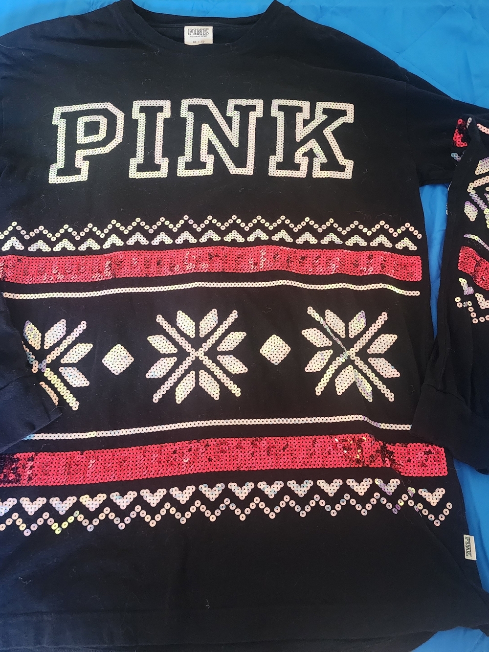 PINK Victoria's Secret Black Sweatshirt with Pink and White Sequin Accents
